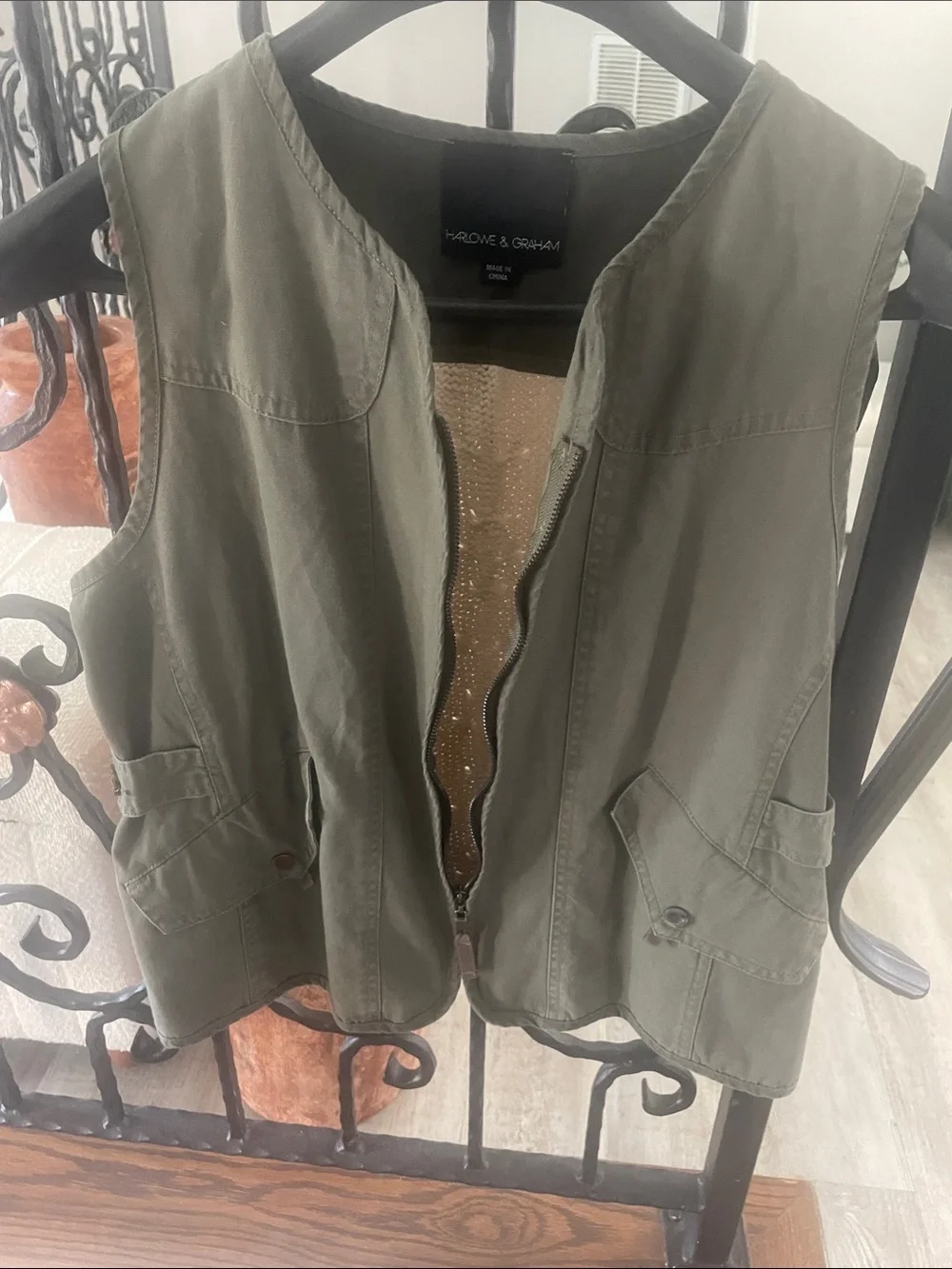 Harlowe & Graham Olive Green and Cream Utility Zip Vest